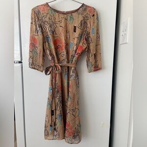 Chic Abstract Midi Dress - Tan, Red, Blue